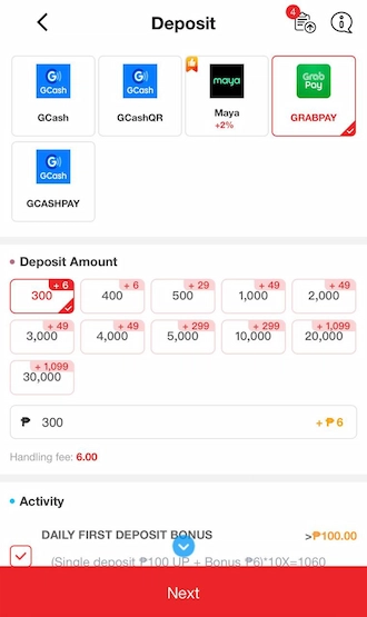 Step 1: Choose the GRABPAY deposit method, choose the deposit amount, and choose 1 promotional activity